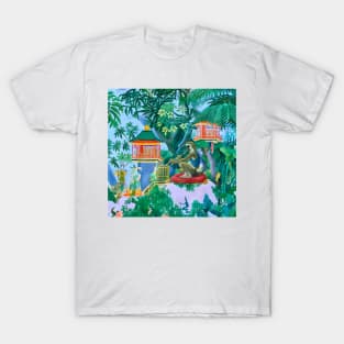 Chinoiserie monkey playing flute in hanging gardens T-Shirt